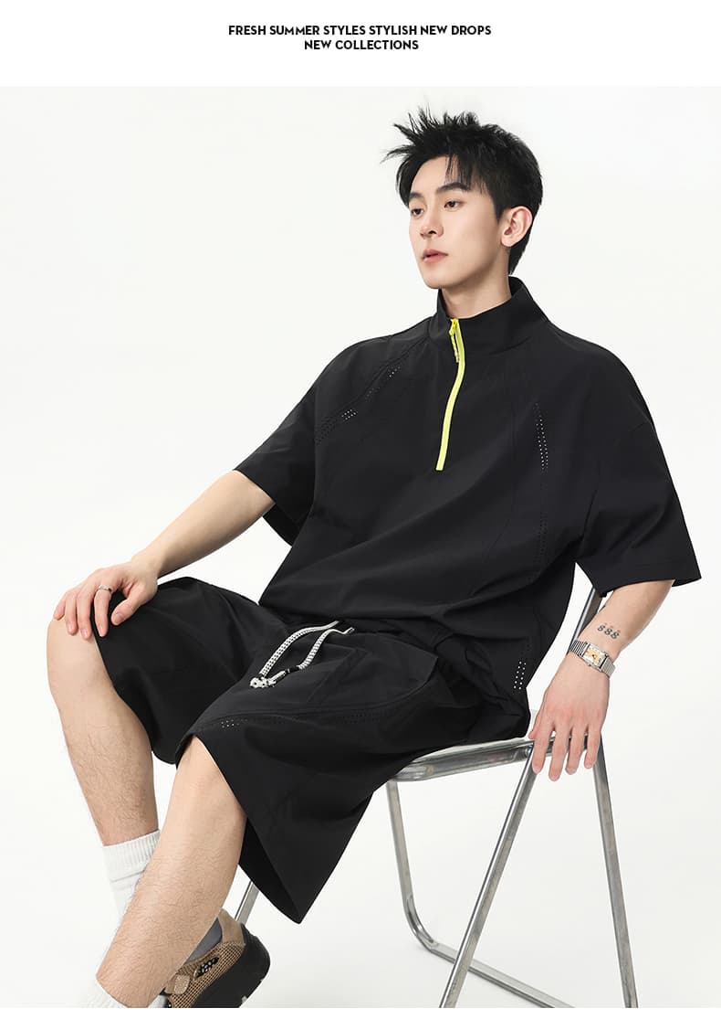 여름 하프 지퍼 반팔 반바지 두 조각 남성 2026 새로운 조수 브랜드 배색 스탠드 칼라 캐주얼 스포츠 슈트 상세 이미지 17