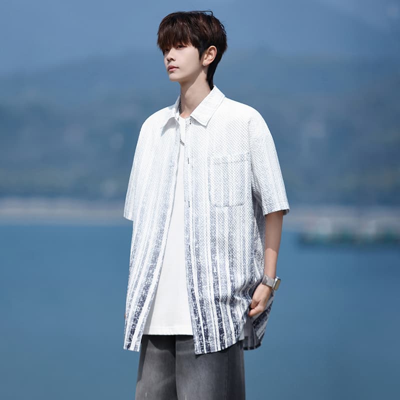 그라데이션 색상 얼음 센스 셔츠 남성 여름 차가운 센스 새로운 폴로 칼라 옷 아메리칸 바람 조수 브랜드 악당 잘 생긴 반팔 셔츠 이미지 4