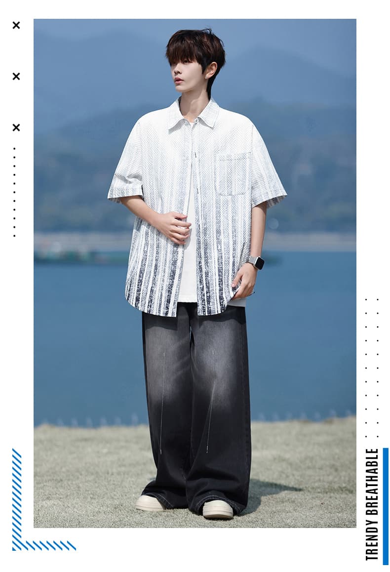 그라데이션 색상 얼음 센스 셔츠 남성 여름 차가운 센스 새로운 폴로 칼라 옷 아메리칸 바람 조수 브랜드 악당 잘 생긴 반팔 셔츠 상세 이미지 10
