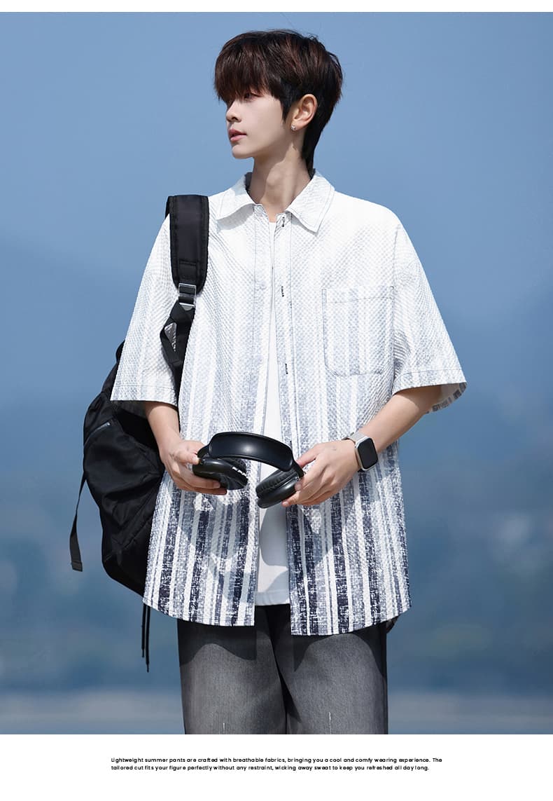 그라데이션 색상 얼음 센스 셔츠 남성 여름 차가운 센스 새로운 폴로 칼라 옷 아메리칸 바람 조수 브랜드 악당 잘 생긴 반팔 셔츠 상세 이미지 12