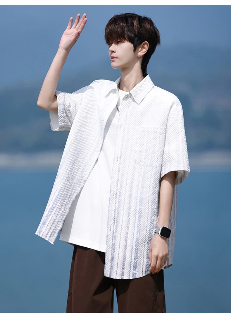 그라데이션 색상 얼음 센스 셔츠 남성 여름 차가운 센스 새로운 폴로 칼라 옷 아메리칸 바람 조수 브랜드 악당 잘 생긴 반팔 셔츠 상세 이미지 13