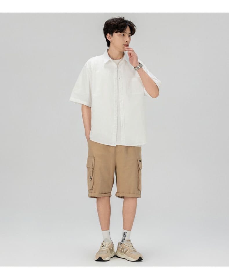 순면 남성 워크웨어 반팔 맨위 일식 레트로 셔츠 트렌드 청년 캐주얼 아메리칸 여름 반소매 셔츠 상세 이미지 33