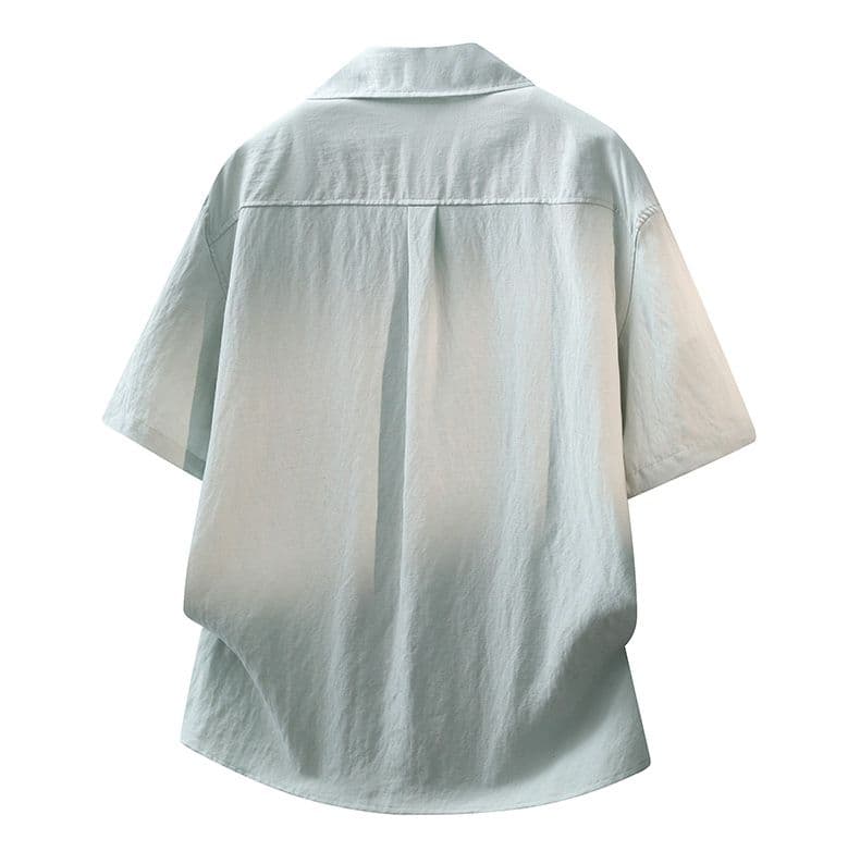 여름 아마 오래된 돈 바람 단색 루즈핏 반팔 셔츠 쿠바 칼라 미니멀리즘 캐주얼 주간 실크 마 남성 의류 셔츠 상세 이미지 13