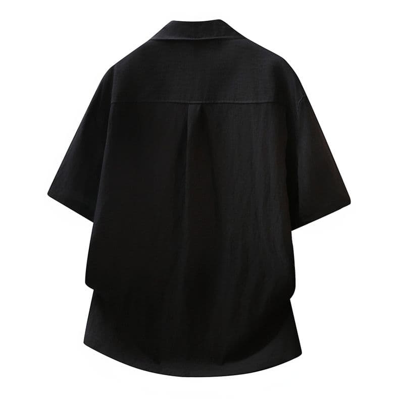 여름 아마 오래된 돈 바람 단색 루즈핏 반팔 셔츠 쿠바 칼라 미니멀리즘 캐주얼 주간 실크 마 남성 의류 셔츠 상세 이미지 15