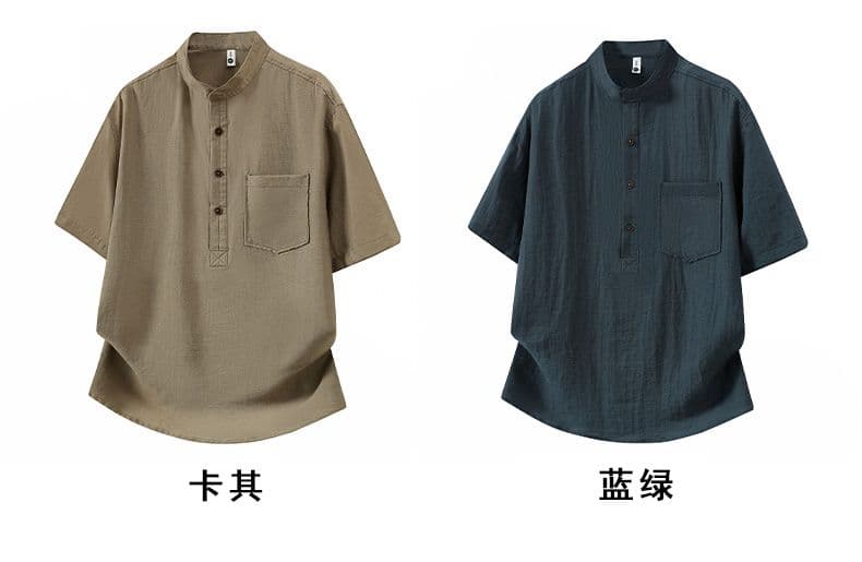 헨리 칼라 오래된 돈 바람 아마 여름 주머니 반팔 POLO 셔츠 남자 캐주얼 조수 브랜드 스탠드 칼라 미니멀리즘 티셔츠 패션 상세 이미지 7