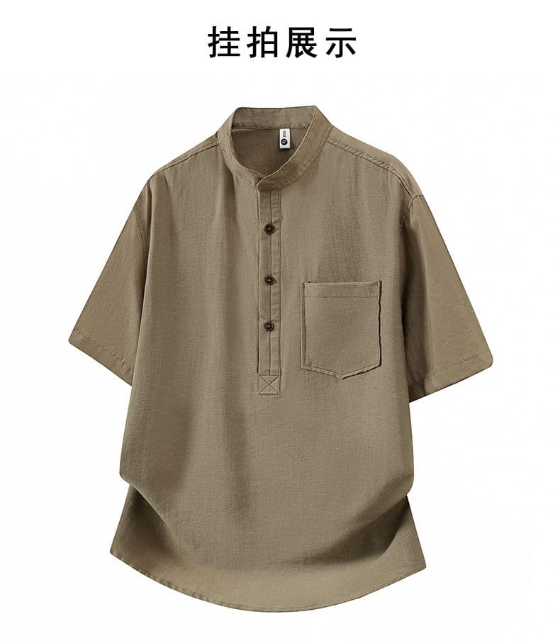 헨리 칼라 오래된 돈 바람 아마 여름 주머니 반팔 POLO 셔츠 남자 캐주얼 조수 브랜드 스탠드 칼라 미니멀리즘 티셔츠 패션 상세 이미지 8