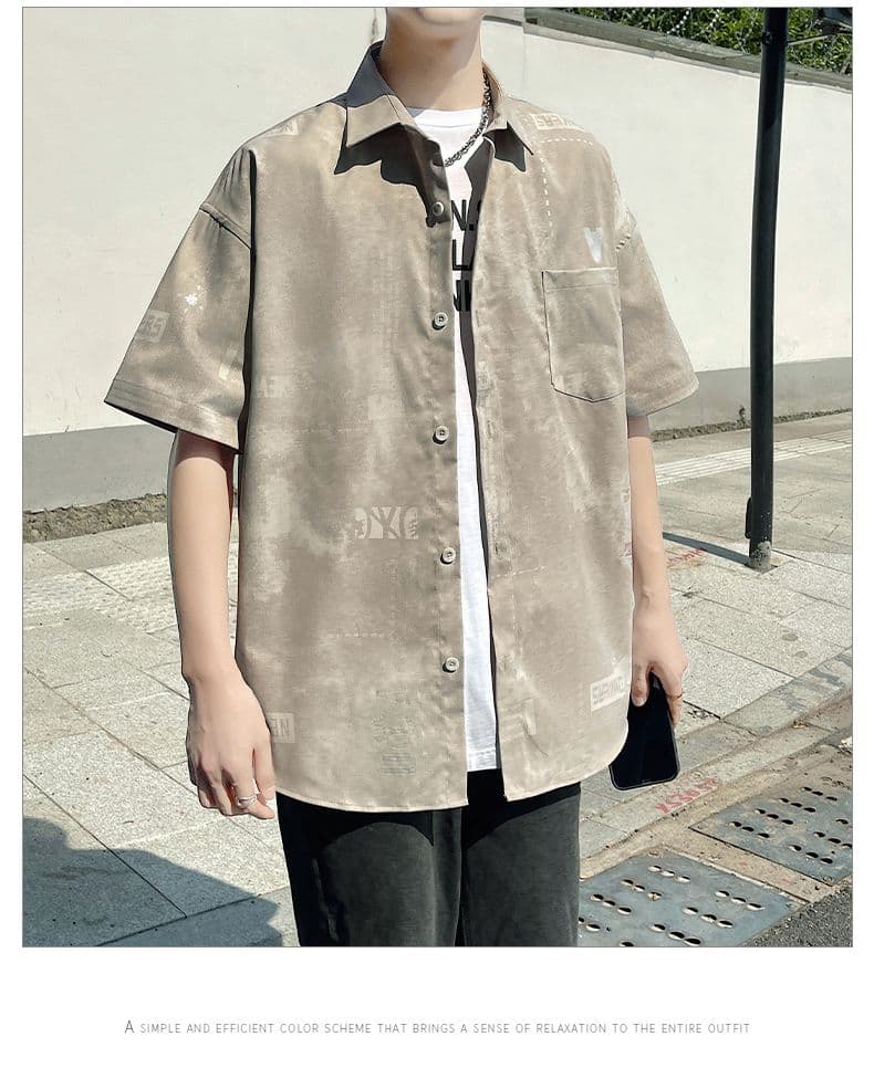 여름 새로운 조수 브랜드 캐주얼 반팔 한국 스타일 루즈핏 대 가을 어깨 차가운 실크 코튼 셔츠 프린트 다용도 폴로 칼라 맨위 상세 이미지 10