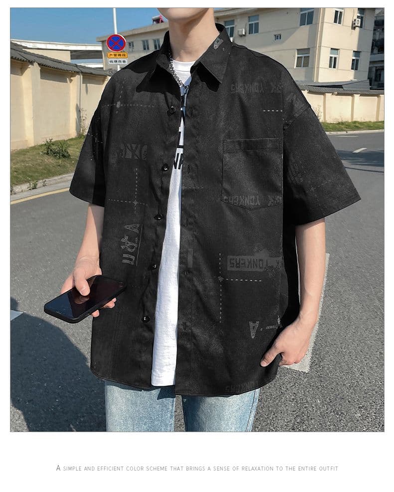 여름 새로운 조수 브랜드 캐주얼 반팔 한국 스타일 루즈핏 대 가을 어깨 차가운 실크 코튼 셔츠 프린트 다용도 폴로 칼라 맨위 상세 이미지 11