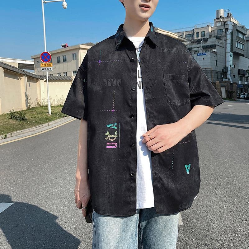 여름 새로운 조수 브랜드 캐주얼 반팔 한국 스타일 루즈핏 대 가을 어깨 차가운 실크 코튼 셔츠 프린트 다용도 폴로 칼라 맨위 이미지 4