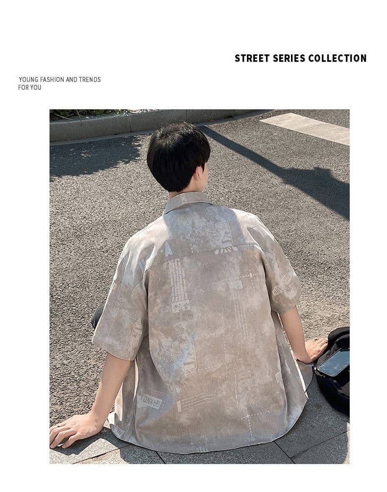 여름 새로운 조수 브랜드 캐주얼 반팔 한국 스타일 루즈핏 대 가을 어깨 차가운 실크 코튼 셔츠 프린트 다용도 폴로 칼라 맨위 상세 이미지 13