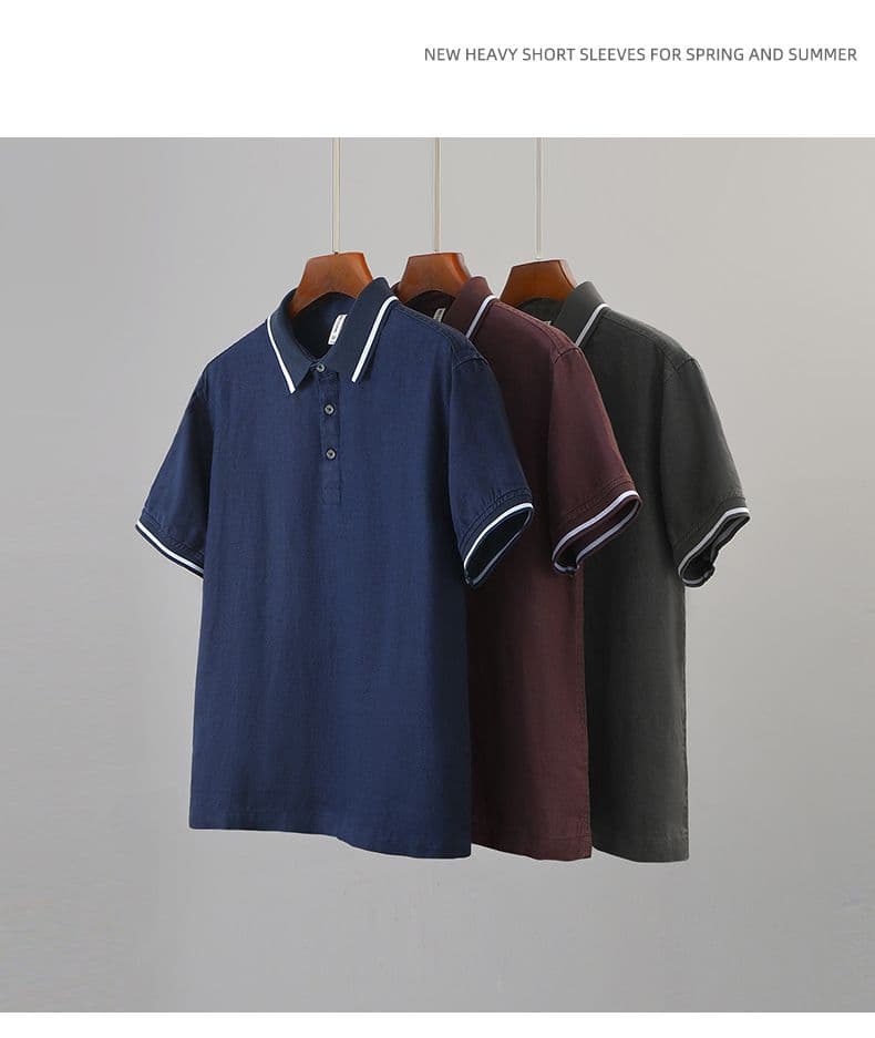 새로운 남성 높은 품질 편안함 얇고 가벼운 아마 반팔 POLO 셔츠 통기성 악당 잘 생긴 미니멀리즘 단색 티셔츠 맨위 상세 이미지 2