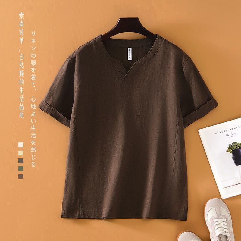 새로운 면 린넨 남성 높은 품질 캐주얼 루즈핏 여름 아마 기본 셔츠 중국풍 레트로 V넥 반팔 티셔츠 이미지 2
