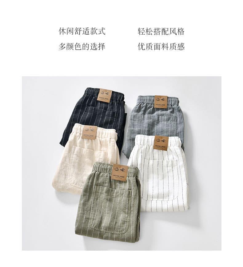 남성 새로운 높은 품질 여름 통기성 면 린넨 루즈핏 해변 5 점 반바지 캐주얼 스트라이프 스트레이트 캐주얼 바지 상세 이미지 2