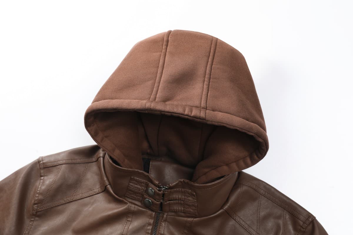 국경 간 가을 겨울 털이 있는 페이크 레이어드 후드 가죽 재킷 워싱 가죽 오토바이 재킷 빅 사이즈 유럽과 미국 트렌드 남성 의류 맨위 상세 이미지 3