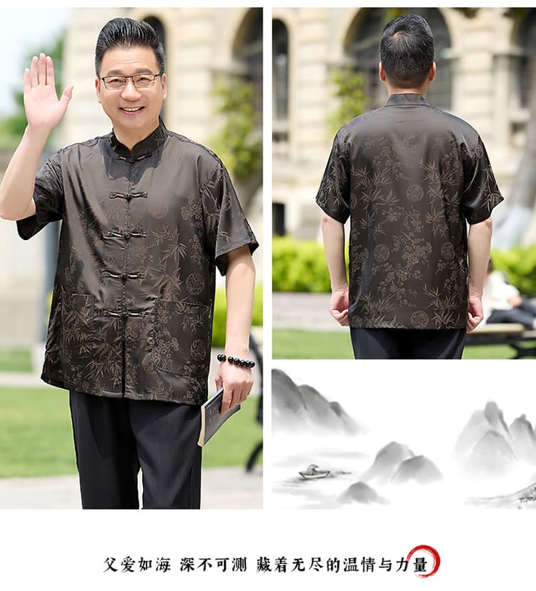 여름 남성 의류 아빠 로드 중 새로운 중식 캐주얼 당나라 남성 루즈핏 중국풍 얇은 스타일 반팔 셔츠 티셔츠 상세 이미지 16