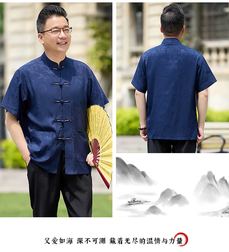 여름 남성 의류 아빠 로드 중 새로운 중식 캐주얼 당나라 남성 루즈핏 중국풍 얇은 스타일 반팔 셔츠 티셔츠 상세 이미지 22