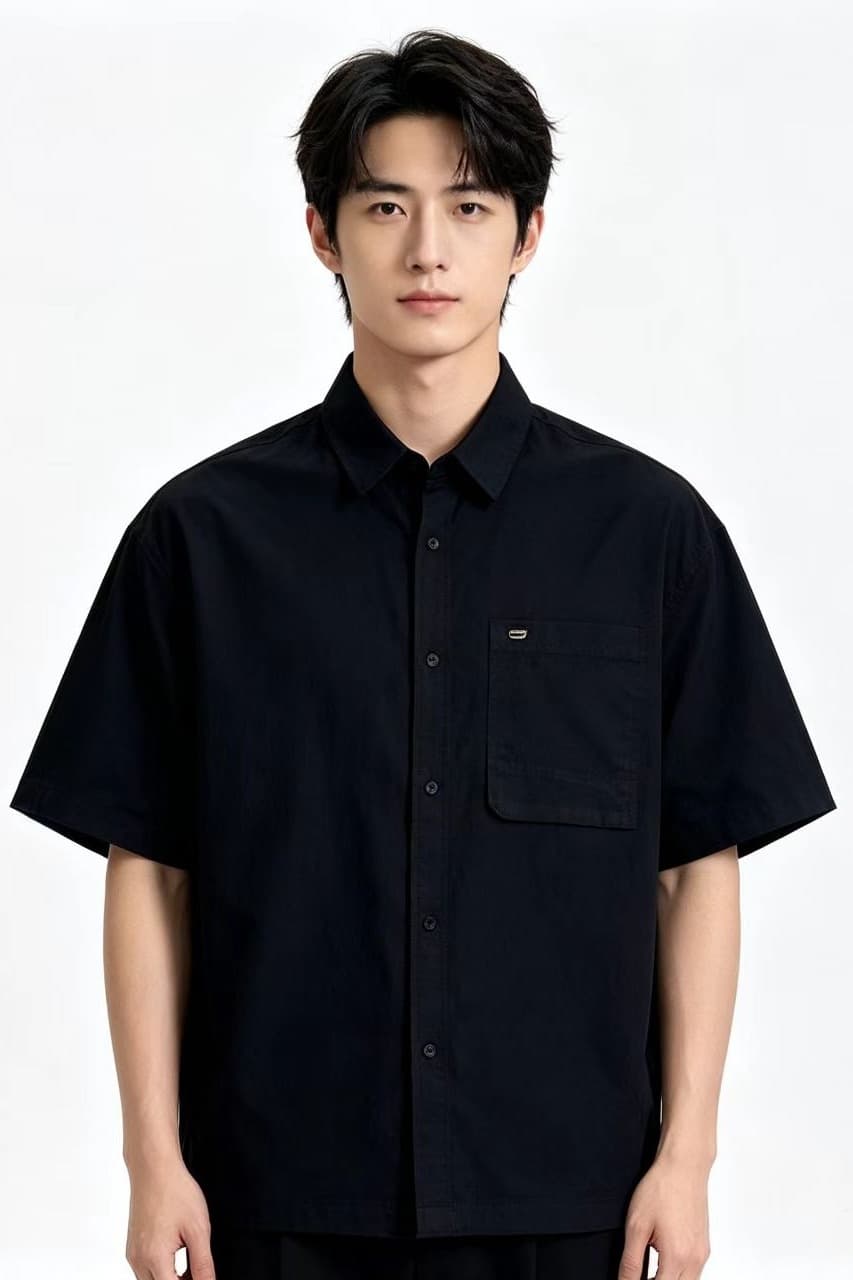 개체 높은 품질 남자 루즈핏 단색 면 소재 반팔 캐주얼 폴로 칼라 다용도 주머니 반소매 청년 셔츠 맨위 이미지 6