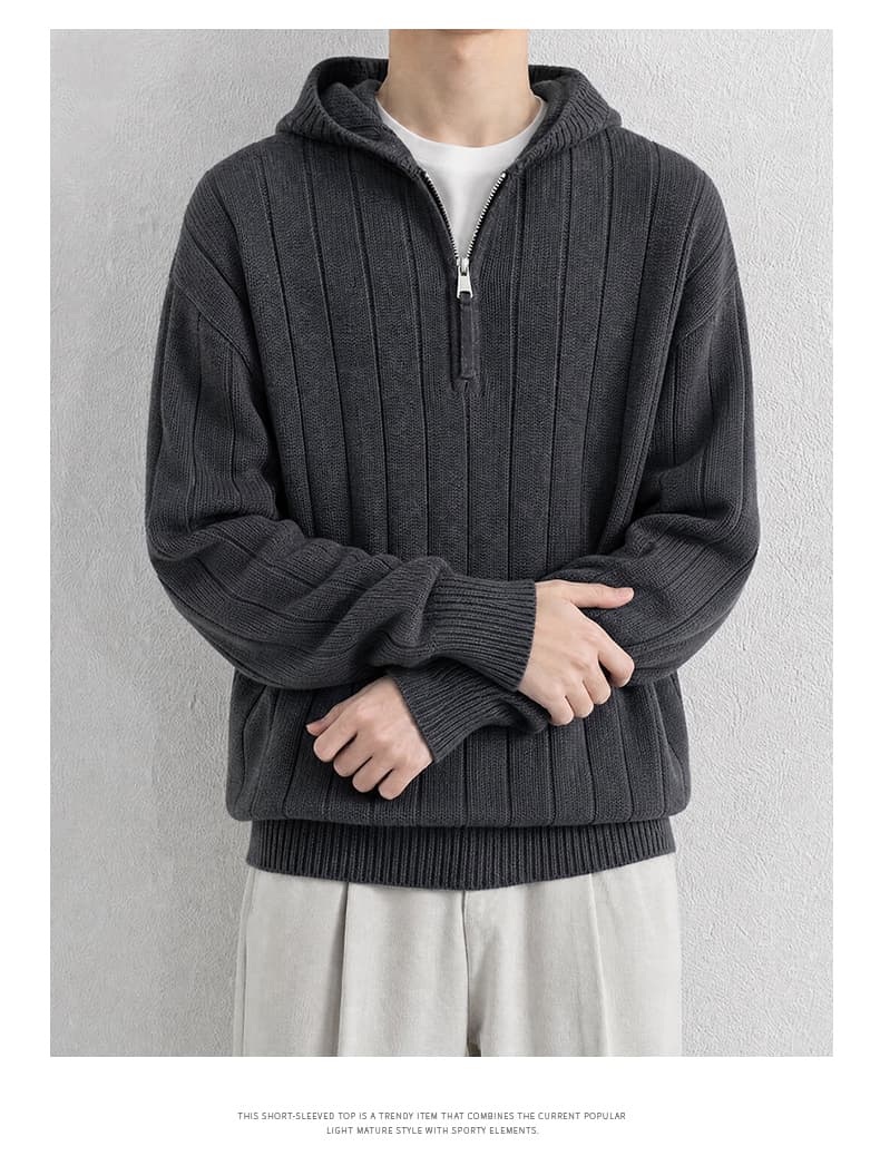 낮음 럭셔리 오래된 돈 바람 후드 스웨터 남성 하프 지퍼 스웨터 루즈핏 조수 브랜드 느긋한 바람 니트 스웨터 커플 재킷 상세 이미지 13