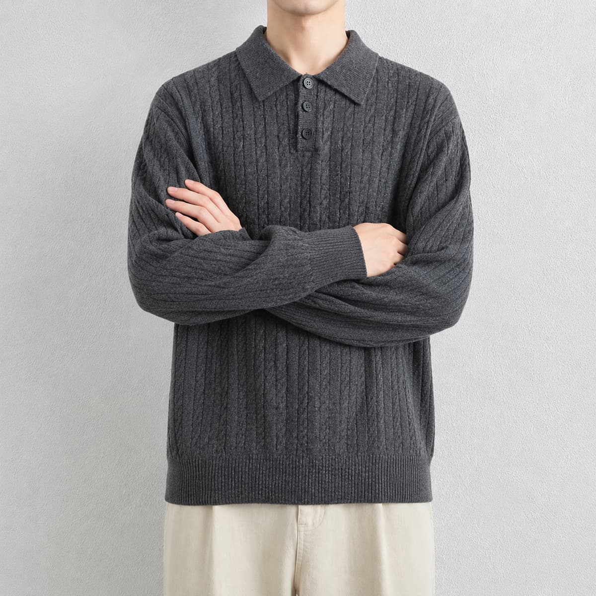 오래된 돈 바람 니트 스웨터 남성 클래식 꽈배기 폴로 칼라 와이드 두꺼운 POLO 칼라 캐주얼 풀오버 두꺼운 선 느긋한 스웨터 이미지 4