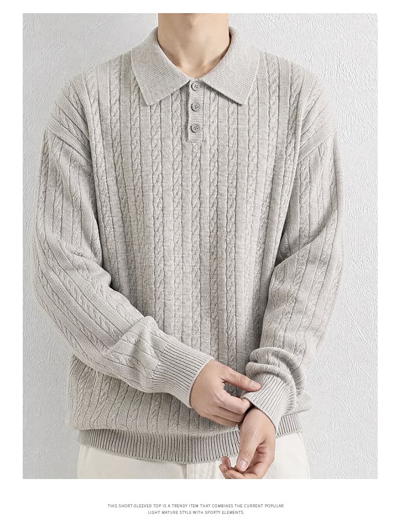 오래된 돈 바람 니트 스웨터 남성 클래식 꽈배기 폴로 칼라 와이드 두꺼운 POLO 칼라 캐주얼 풀오버 두꺼운 선 느긋한 스웨터 상세 이미지 19