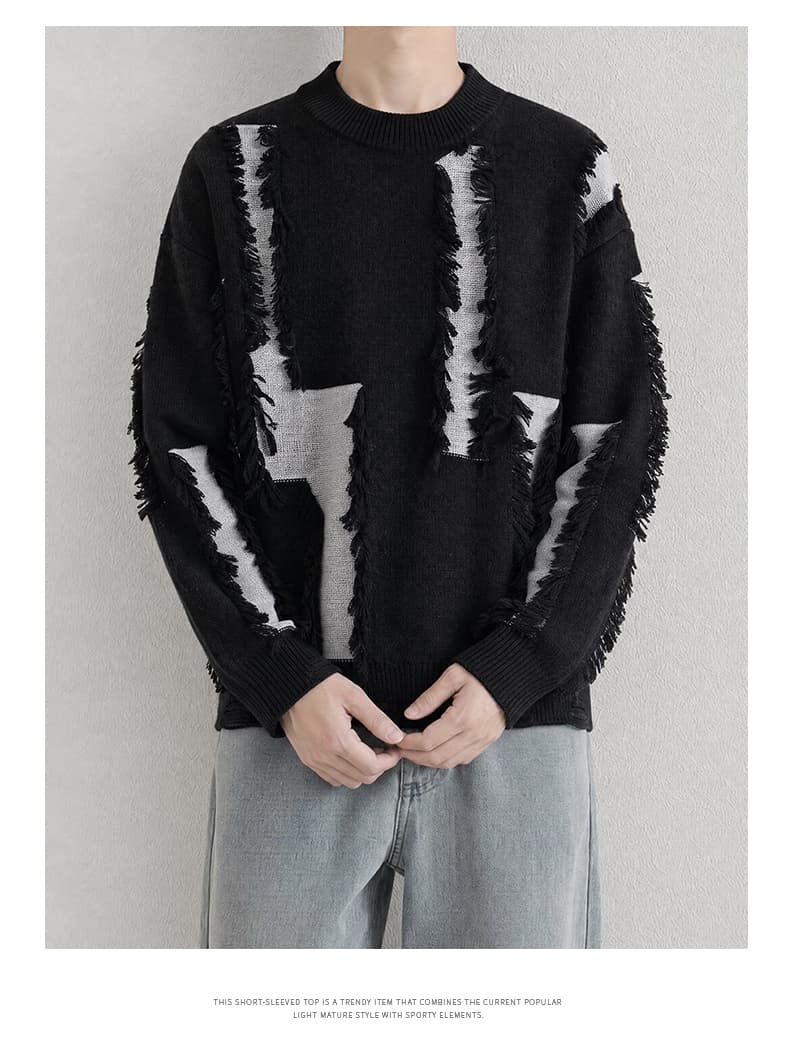 오래된 돈 바람 스웨터 남성 배색 찢어진 부분 라운드 넥 느긋한 루즈핏 새로운 캐주얼 니트 스웨터 재킷 커플 조수 브랜드 상세 이미지 19