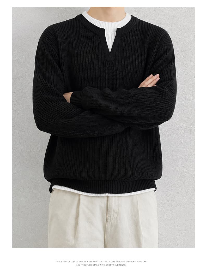 빛 럭셔리 오래된 돈 바람 스웨터 남성 페이크 레이어드 V넥 조수 브랜드 커플 느긋한 재킷 풀오버 청소년 스탠드 칼라 상세 이미지 19