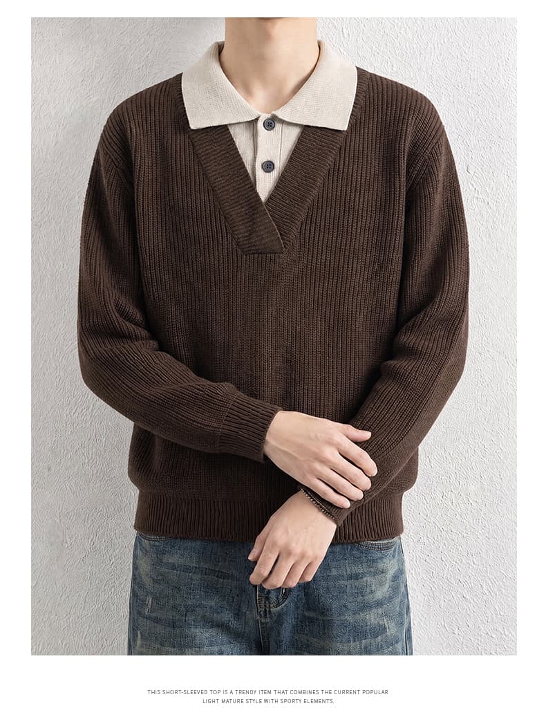 신제품 느긋한 오래된 돈 바람 스웨터 남성 페이크 레이어드 패치워크 POLO 칼라 캐주얼 긴팔 청소년 니트 스웨터 상세 이미지 21