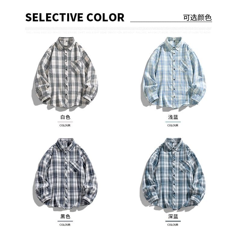 새로운 일본식 레트로 체크무늬 트렌드 커플 섹션 루즈핏 캐주얼 편안함 다용도 셔츠 남성 봄 가을 겨울 맨위 상세 이미지 6