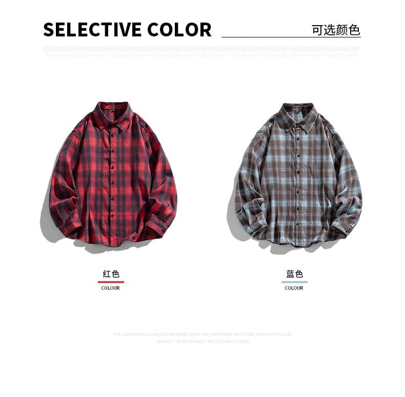 새로운 일본식 레트로 체크무늬 트렌드 커플 섹션 루즈핏 캐주얼 편안함 다용도 셔츠 남성 봄 가을 겨울 맨위 상세 이미지 3