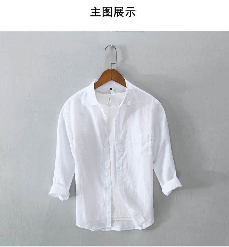 순수 린넨 새로운 봄 여름 가을 주머니 셔츠 남성 캐주얼 7부 소매 단색 셔츠 미니멀리즘 면 린넨 맨위 상세 이미지 5