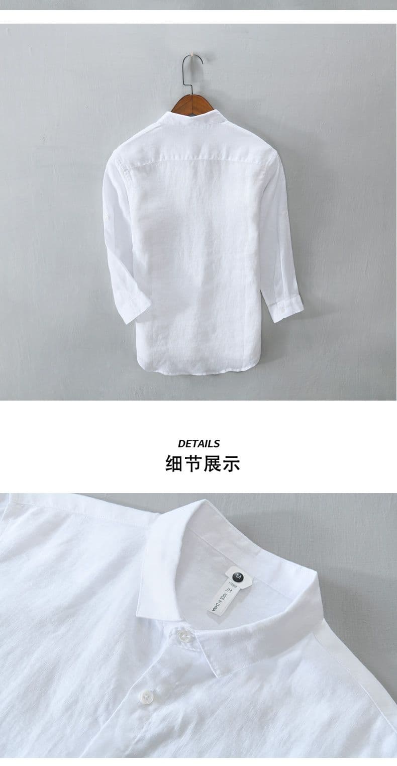 순수 린넨 새로운 봄 여름 가을 주머니 셔츠 남성 캐주얼 7부 소매 단색 셔츠 미니멀리즘 면 린넨 맨위 상세 이미지 7