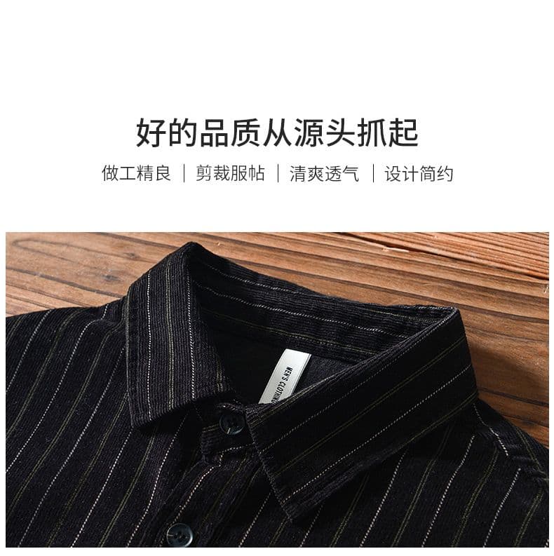 순면 남성 봄 가을 일본식 레트로 스트라이프 긴팔 셔츠 루즈핏 캐주얼 맨위 다용도 잘 생긴 패션 셔츠 상세 이미지 5