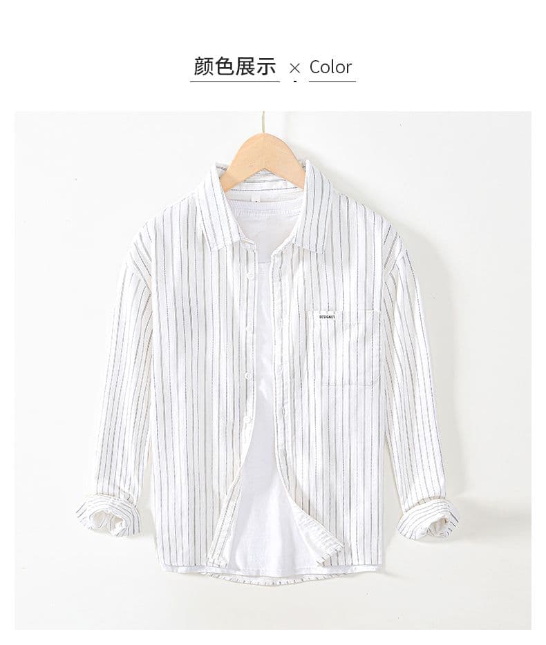순면 남성 봄 가을 일본식 레트로 스트라이프 긴팔 셔츠 루즈핏 캐주얼 맨위 다용도 잘 생긴 패션 셔츠 상세 이미지 9