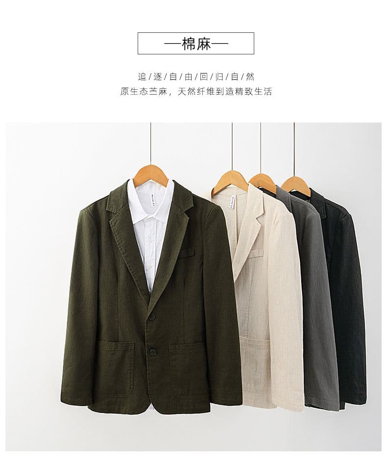 높은 품질 남성 새로운 루즈핏 캐주얼 레트로 면 린넨 정장 비즈니스 플랫 거절 칼라 단색 봄 가을 맨위 재킷 상세 이미지 1