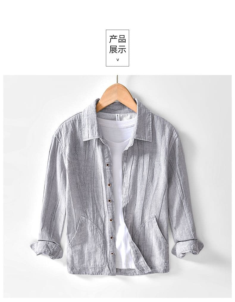 남성 새로운 봄 가을 폴로 칼라 캐주얼 라미 압력 주름 셔츠 레트로 면 린넨 재킷 트렌드 다용도 긴팔 재킷 상세 이미지 9