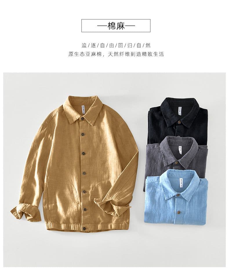 봄 가을 남성 새로운 높은 품질 면 린넨 미니멀리즘 단색 재킷 재킷 셔츠 레트로 루즈핏 캐주얼 야구 유니폼 상세 이미지 1