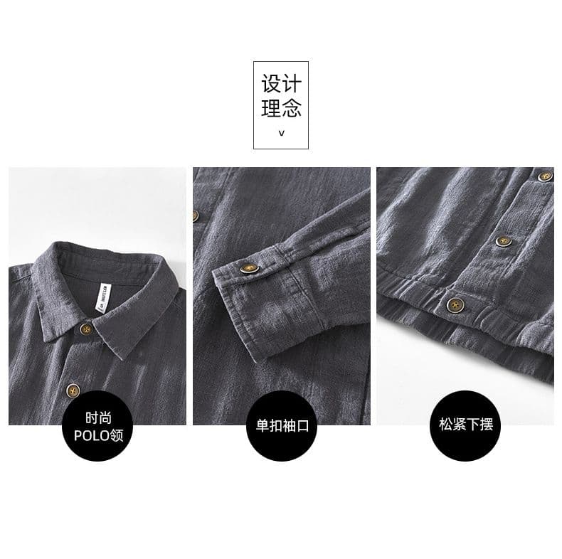 봄 가을 남성 새로운 높은 품질 면 린넨 미니멀리즘 단색 재킷 재킷 셔츠 레트로 루즈핏 캐주얼 야구 유니폼 상세 이미지 3