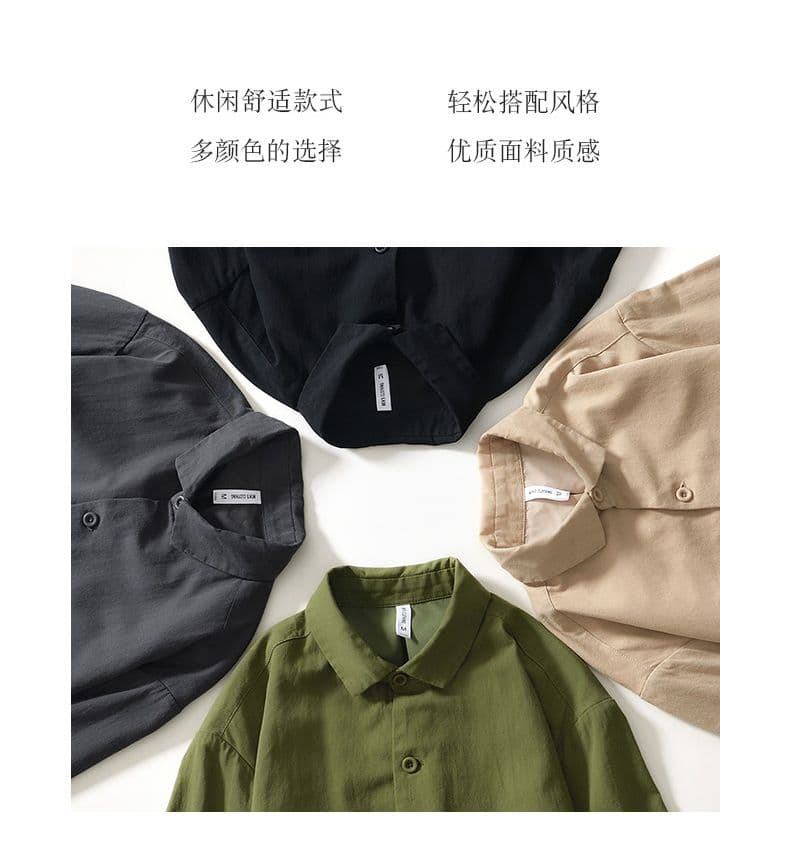 남성 새로운 순면 봄 가을 단색 긴팔 셔츠 재킷 레트로 루즈핏 캐주얼 주머니 높은 품질 셔츠 상세 이미지 2
