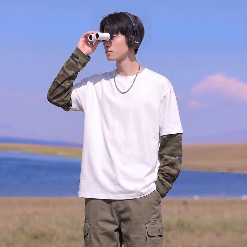 봄 가을 새로운 남녀 페이크 레이어드 카모플라주 후드티 가을 어깨 루즈핏 두꺼운 라운드 넥 긴팔 티셔츠 청소년 맨위 이미지 4