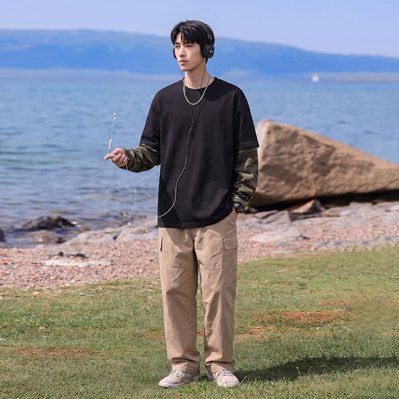 봄 가을 새로운 남녀 페이크 레이어드 카모플라주 후드티 가을 어깨 루즈핏 두꺼운 라운드 넥 긴팔 티셔츠 청소년 맨위 이미지 5