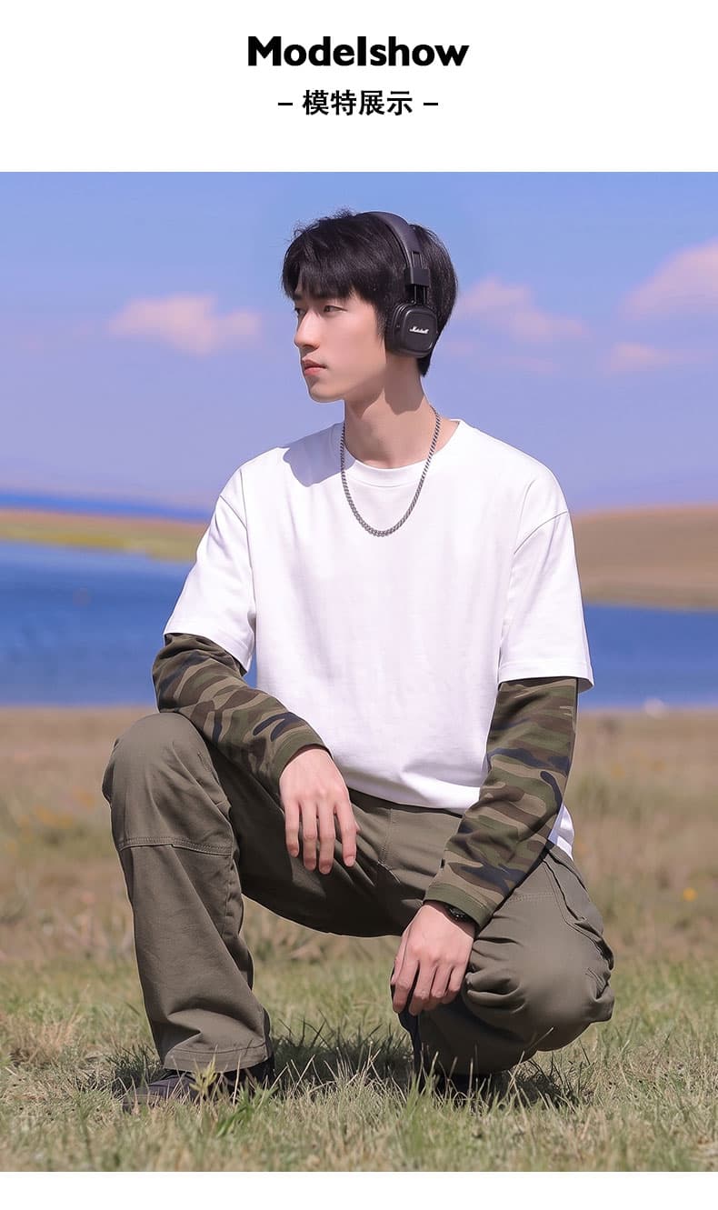 봄 가을 새로운 남녀 페이크 레이어드 카모플라주 후드티 가을 어깨 루즈핏 두꺼운 라운드 넥 긴팔 티셔츠 청소년 맨위 상세 이미지 7