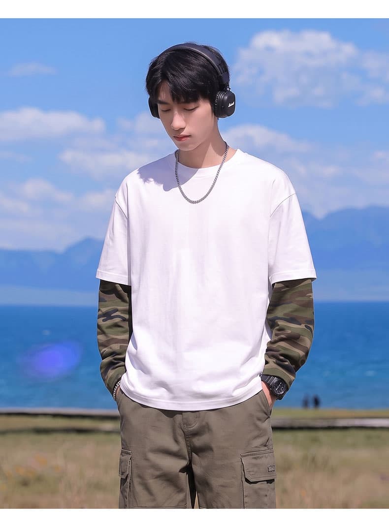 봄 가을 새로운 남녀 페이크 레이어드 카모플라주 후드티 가을 어깨 루즈핏 두꺼운 라운드 넥 긴팔 티셔츠 청소년 맨위 상세 이미지 8