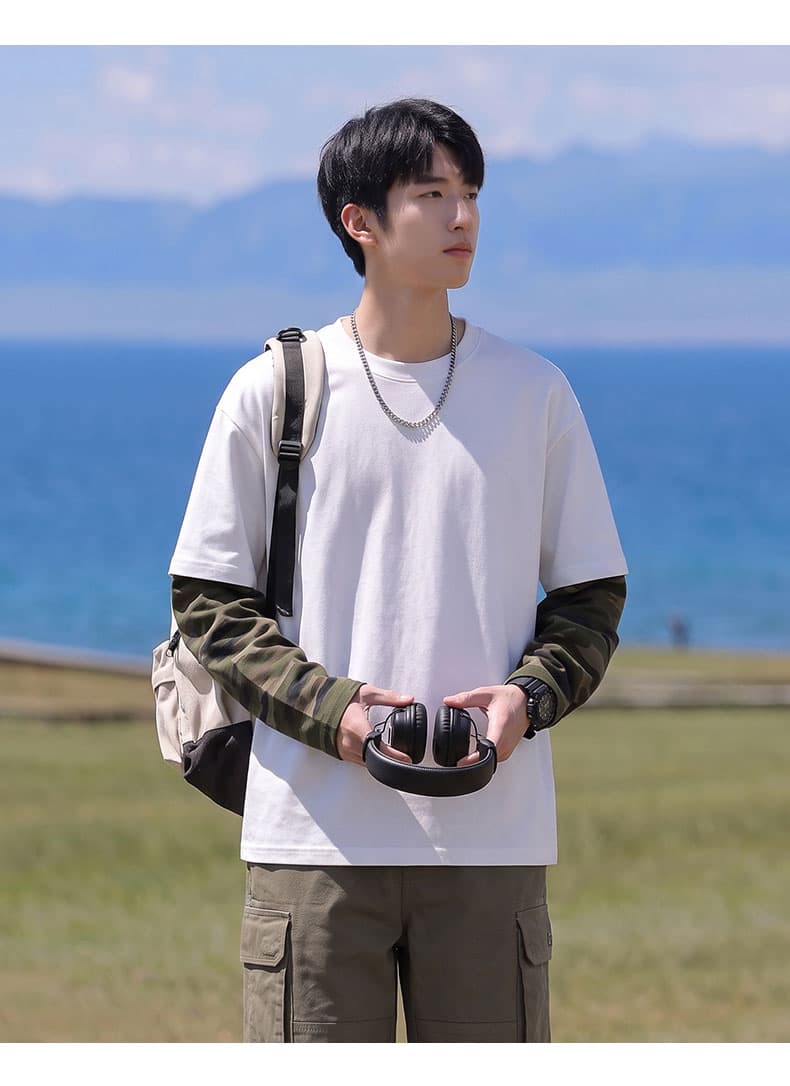 봄 가을 새로운 남녀 페이크 레이어드 카모플라주 후드티 가을 어깨 루즈핏 두꺼운 라운드 넥 긴팔 티셔츠 청소년 맨위 상세 이미지 9