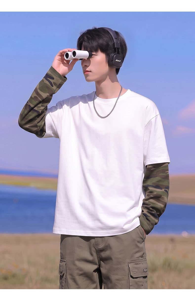 봄 가을 새로운 남녀 페이크 레이어드 카모플라주 후드티 가을 어깨 루즈핏 두꺼운 라운드 넥 긴팔 티셔츠 청소년 맨위 상세 이미지 10