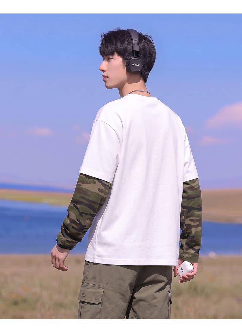 봄 가을 새로운 남녀 페이크 레이어드 카모플라주 후드티 가을 어깨 루즈핏 두꺼운 라운드 넥 긴팔 티셔츠 청소년 맨위 상세 이미지 11