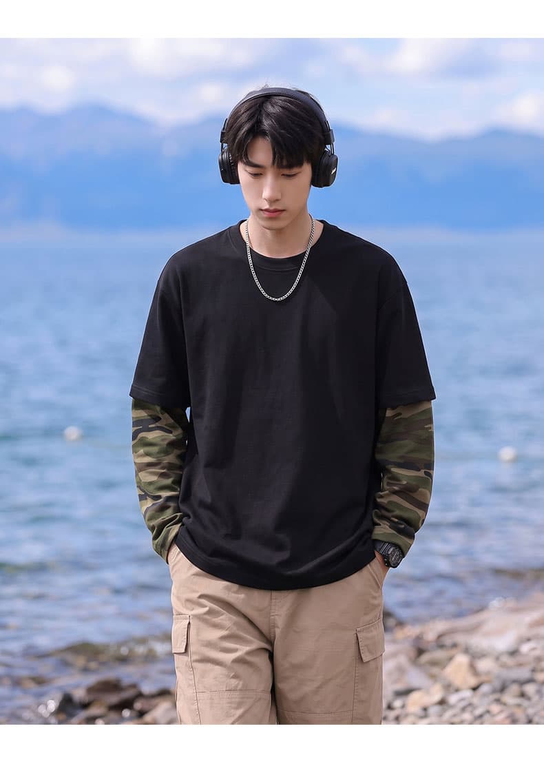 봄 가을 새로운 남녀 페이크 레이어드 카모플라주 후드티 가을 어깨 루즈핏 두꺼운 라운드 넥 긴팔 티셔츠 청소년 맨위 상세 이미지 13