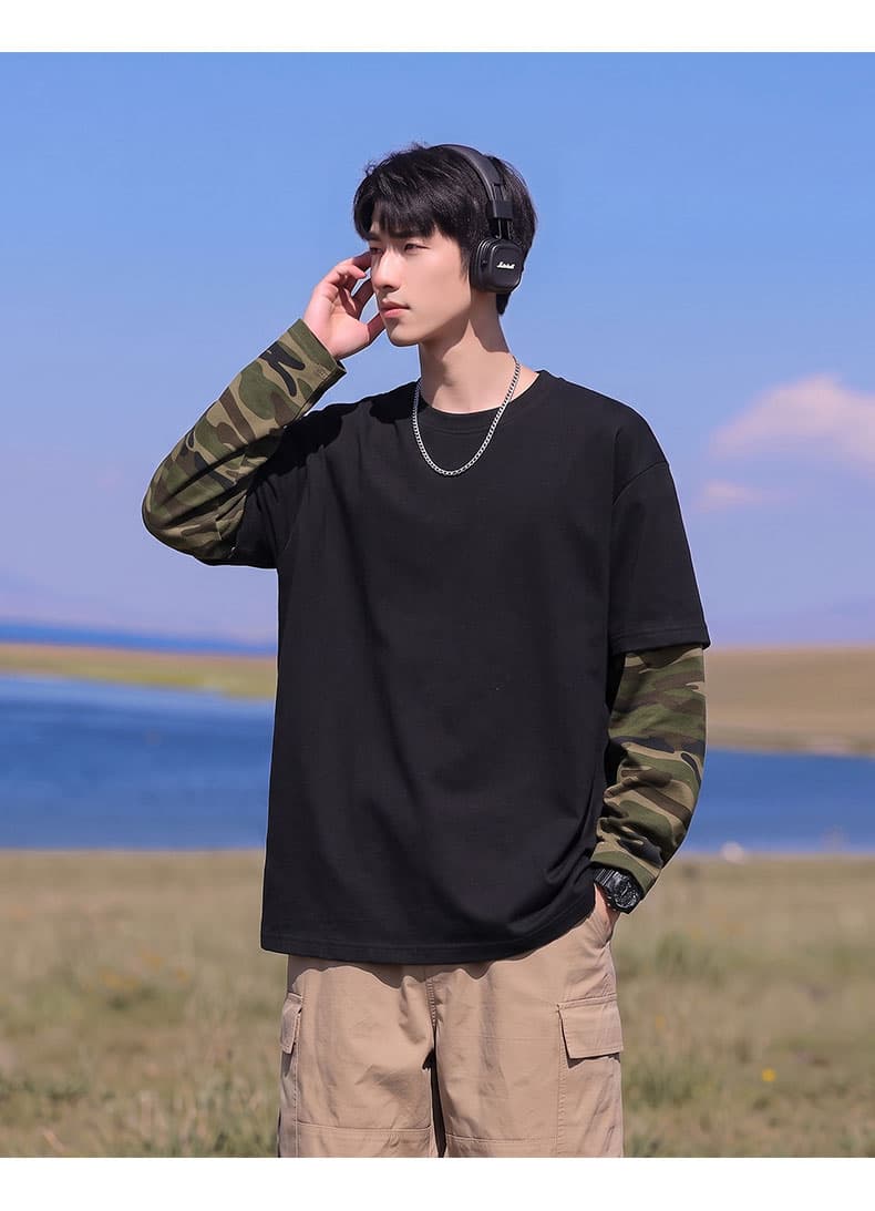 봄 가을 새로운 남녀 페이크 레이어드 카모플라주 후드티 가을 어깨 루즈핏 두꺼운 라운드 넥 긴팔 티셔츠 청소년 맨위 상세 이미지 14