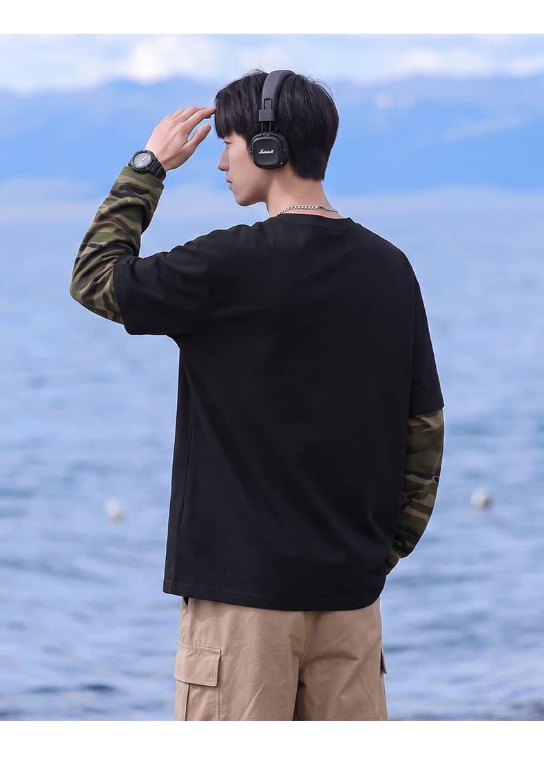 봄 가을 새로운 남녀 페이크 레이어드 카모플라주 후드티 가을 어깨 루즈핏 두꺼운 라운드 넥 긴팔 티셔츠 청소년 맨위 상세 이미지 16