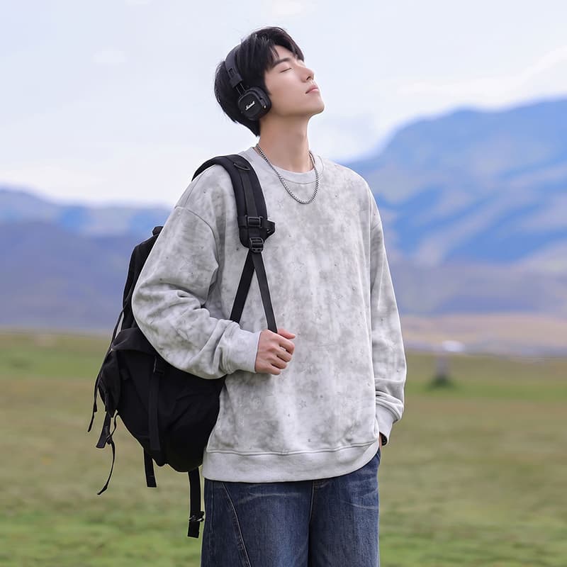 봄 가을 남자 여자 조수 브랜드 라운드 넥 전체 인쇄 별 패션 긴팔 후드티 무거운 새로운 커플룩 조수 브랜드 재킷 이미지 4