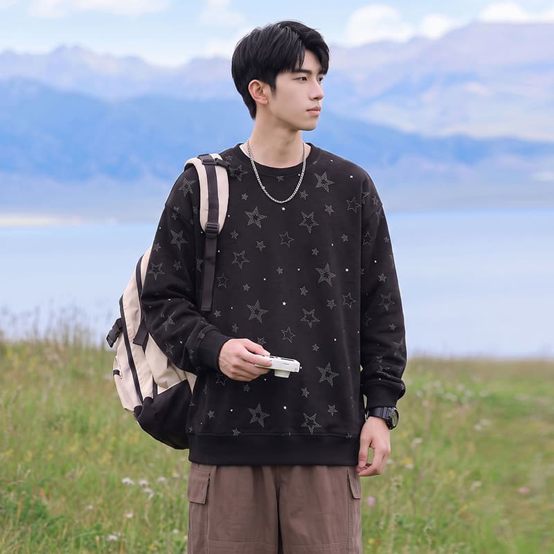 봄 가을 남자 여자 조수 브랜드 라운드 넥 전체 인쇄 별 패션 긴팔 후드티 무거운 새로운 커플룩 조수 브랜드 재킷 이미지 3